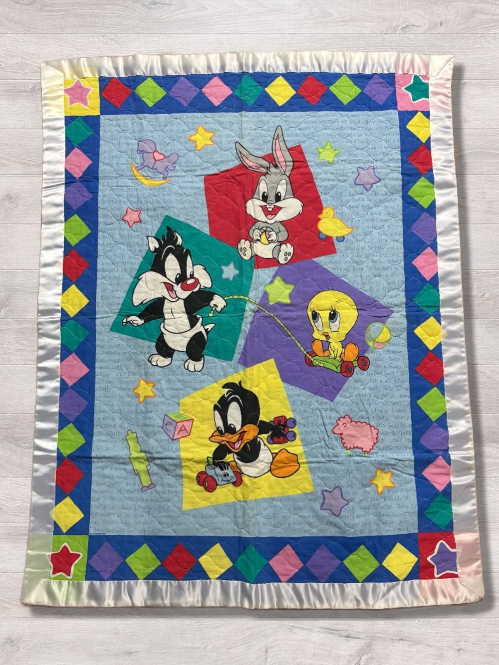 Vintage 90s Baby Looney Tunes Quilt Tweety Sylvester Bugs Daffy Blanket Crib